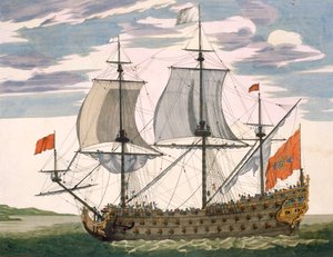 British Navy: et førsteklasses skip som flyr White Ensign; tre-dekker med admirals hytte, fra 